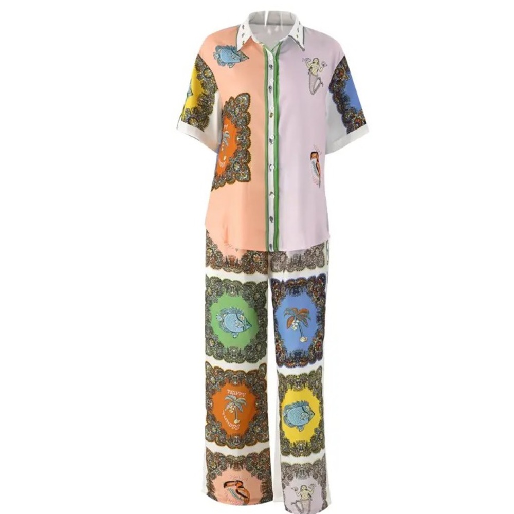 Lena Vie Drop Casual Tailored Shirt + Pant Set